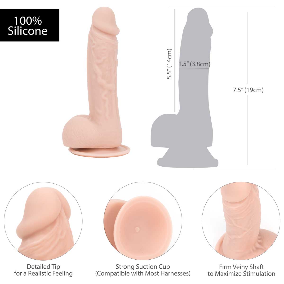 Pure Love® - 7.5 pouces réaliste Dildo silicone avec boules – Beige image 5