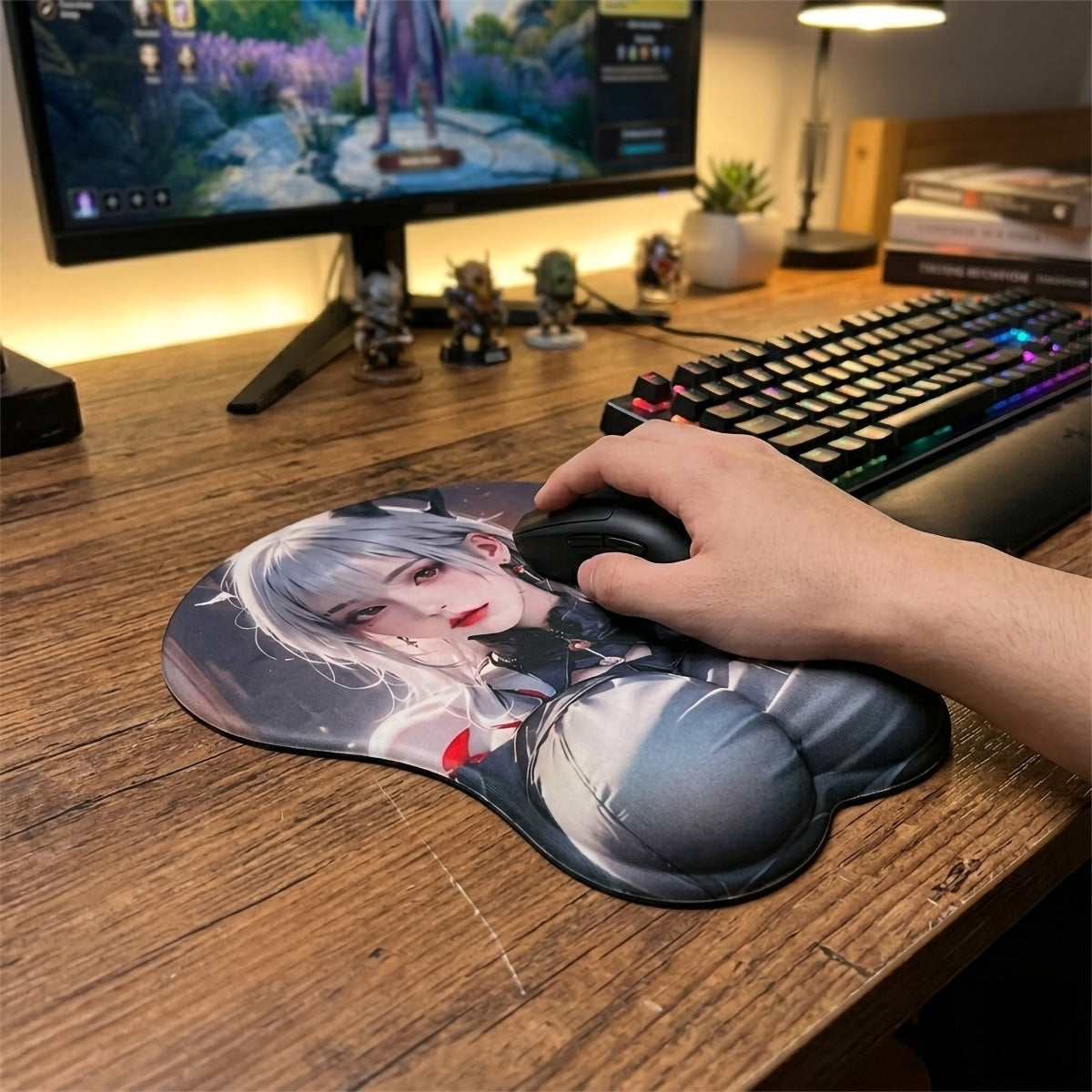 Anime Mouse Pad – Anime à cheveux gris fille avec top bleu