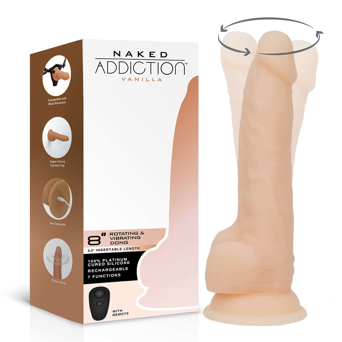Dépendance nue Dildo rotatif et vibrant de 8" avec télécommande – Vanille image 1