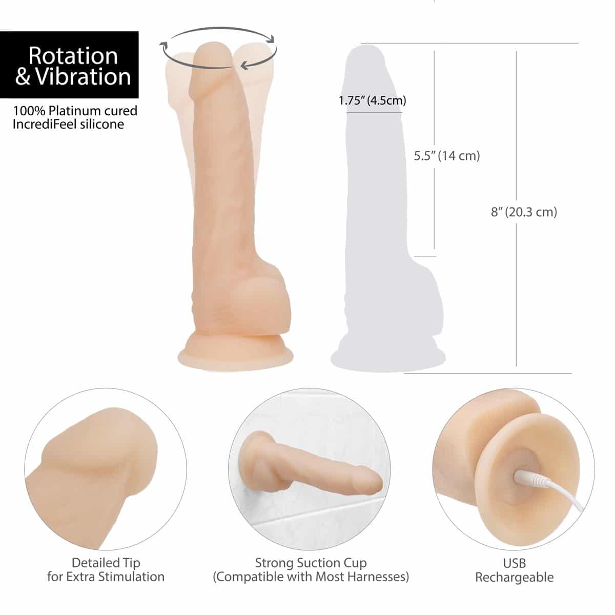Dépendance nue Dildo rotatif et vibrant de 8" avec télécommande – Vanille image 5